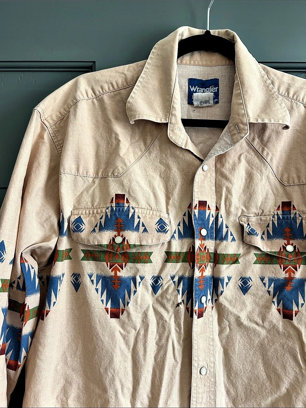 Wrangler Western Shirts Western Pearl Snap Button Shirt in Tan & Blue Vintage
